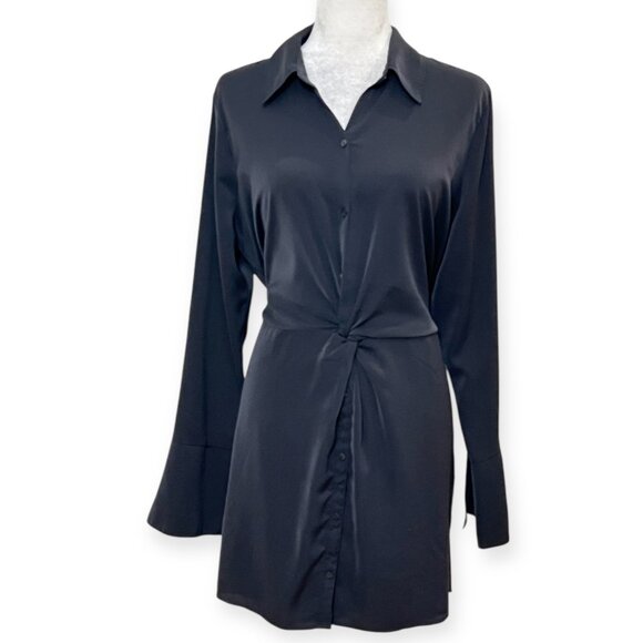 Abercrombie & Fitch Dresses & Skirts - Abercrombie & Fitch Black Satin Knot‐Front Shirt Dress L | Long Sleeve Collared